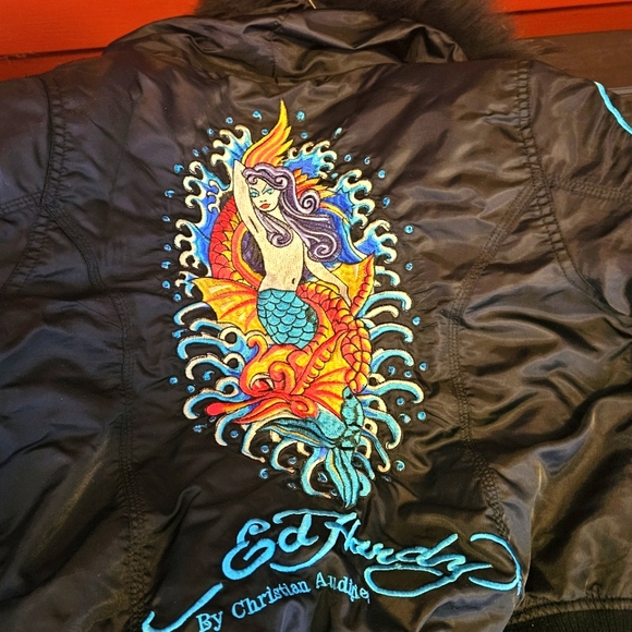 Vintage ED HARDY Mermaid Bomber Jacket w Fur Hood - Picture 6 of 6